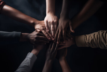 multicultural joining of hands, togetherness, community photo with diverse skin colours 
