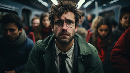 La routine d'un homme dépressif dans le metro dans Paris - obrazy, fototapety, plakaty
