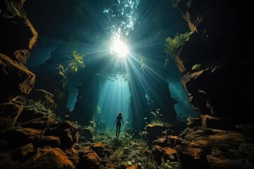 Obraz premium Skilled female diver gracefully explores the underwater world