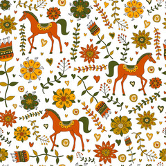 seamless texture in ethnic style, horses, flowers and plants