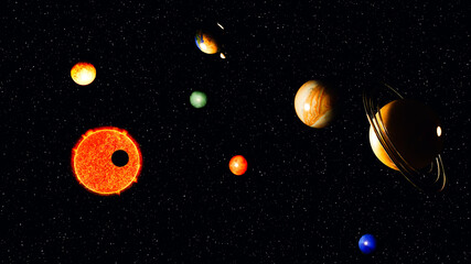 Cartoon stylized set of glass balls in the shape of planets of solar system on a stars background. 3d illustration