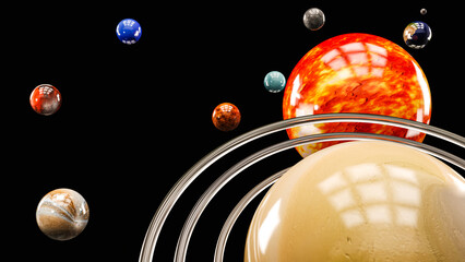 Cartoon stylized set of glass balls in the shape of planets of solar system on a dark background. 3d illustration
