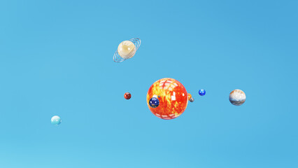 Cartoon stylized set of glass balls in the shape of planets of solar system on a blue background. 3d illustration