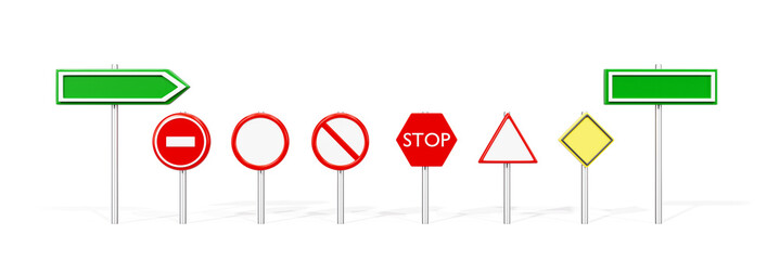 Cartoon stylized road signs isolated on a white background. 3d illustration
