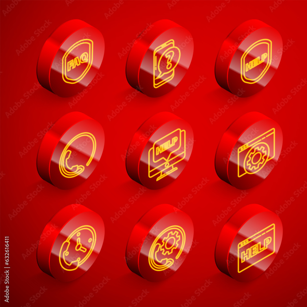 Poster set line shield with text faq, mobile phone question, help, telephone 24 hours support, computer mon