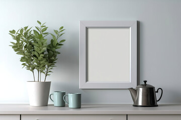 Blank picture frame on a kitchen wall. (Generative AI)