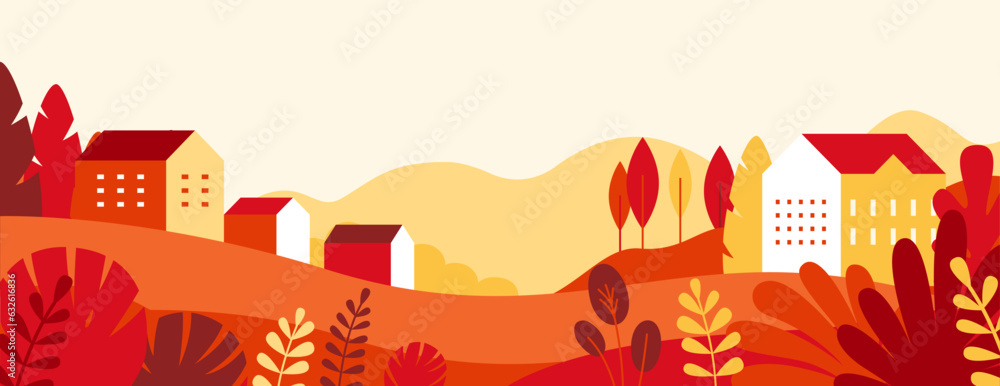 Poster Vector illustration in simple minimal geometric flat style - autumn city landscape with buildings, hills and trees - abstract horizontal banner and background with copy space for text 