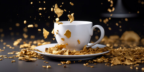 Close up of luxury cup of coffe on black background with lights, sparkles, golden particles, confetti,coffee bean.Banner for coffee shop,cafe restaurant.Cozy Christmas jazz ambience concept.Generative