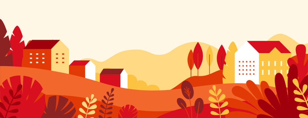 Vector illustration in simple minimal geometric flat style - autumn city landscape with buildings, hills and trees - abstract horizontal banner and background with copy space for text 