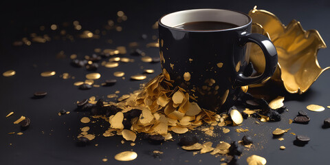 Obraz na płótnie Canvas Close up of luxury cup of coffe on black background with lights, sparkles, golden particles, confetti,coffee bean.Banner for coffee shop,cafe restaurant.Cozy Christmas jazz ambience concept.Generative