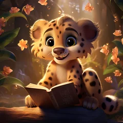 Wandaufkleber Immerse yourself in a world of wonder as a little tiger sits and immerses in reading a book. This endearing scene captures the joy of learning and the enchantment of childhood exploration. © PRODM