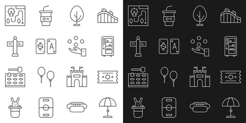 Set line Sun protective umbrella, Ticket, Vending machine, Tree, Tarot cards, Road traffic signpost, Amusement park map and Juggling ball icon. Vector