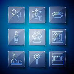 Set line Bottles ball, Lollipop, Ticket box office, Hotdog, Ferris wheel, water, Balloons and Amusement park map icon. Vector