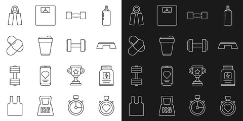 Set line Heart in the center stopwatch, Sports nutrition, Step platform, Dumbbell, Fitness shaker, expander and icon. Vector