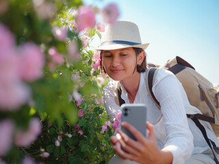 woman enjoying the aroma and make photo in her smartphone in Field of Damascena roses in sunny summer day . village Guneykent in Isparta region, Turkey a real paradise for eco-tourism.