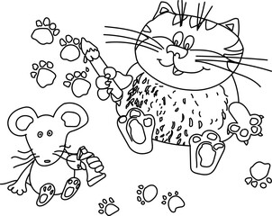 A cheerful cat with a mouse holding a brush with a tube on a white background. Funny cat with a mouse drew footprints on a white background. Vector graphics. Illustration EPS 10
