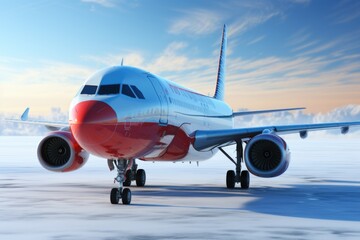 Obraz premium A red and white airplane on a runway. AI.