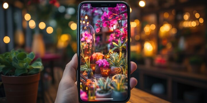 A person holding up a cell phone with a picture of flowers on it. AI.