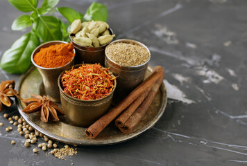 various spices set pepper turmeric paprika saffron
