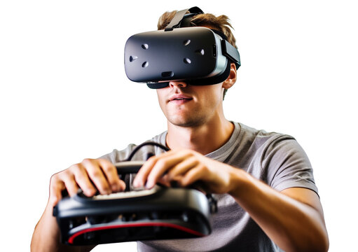 young man play virtual reality game wear VR glasses and explore alternative reality. Cyber space and virtual gaming, Playing with videogames joystick.