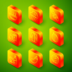 Set line Bowl of hot soup, Cloud with rain, Winter scarf, Farm house, Raincoat, Watermelon, Wine bottle glass and Eggplant icon. Vector