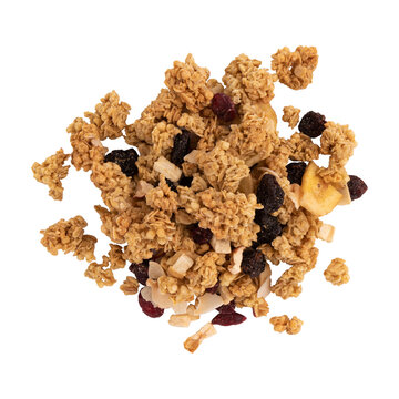 heap crunchy granola isolated on white background with clipping path, muesli pile with nuts, cranberry and raisins close out, healthy eating concept