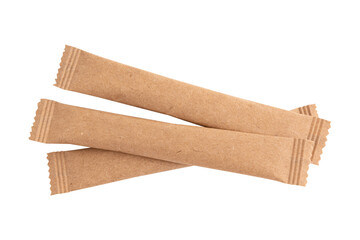three sugar sticks, sugar in paper kraft packaging, mock up for design isolated on white background...