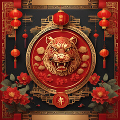 Tiger Year, happy new year, lanterns, golden coins, flowers, and leaves. Chinese New Year Elements