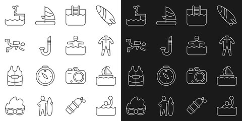 Set line Water polo, Yacht sailboat, Wetsuit for scuba diving, Swimming pool with ladder, Snorkel, Scuba diver, Swimmer into and gymnastics icon. Vector