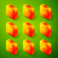 Set line Lighter, Hookah, No smoking, Cigar, Electronic cigarette, Tobacco leaf, and Ashtray with icon. Vector