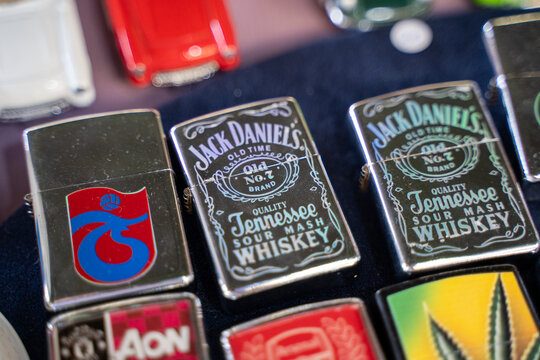 Jack Daniel's zippo lighter at the flea market. Ankara, Turkey - August 6, 2023.