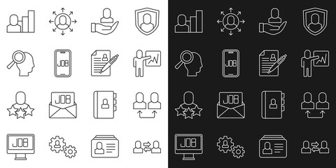 Set line Exchange work, Leader of team of executives, Worker, Search job, Magnifying glass for search, Productive human and Resume icon. Vector