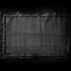 Old Black denim background with laced borders. Dark grey denim jeans fabric texture and vintage embroidery. Copy space for text.