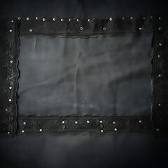 Black denim background with laced borders. Dark grey denim jeans fabric texture and vintage embroidery. Copy space for text.