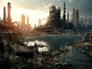 Fototapeta premium An old ruined factory with smoking pipes in a gloomy polluted city with a bad ecology