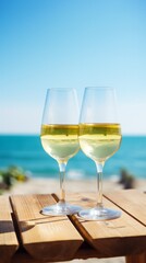 White wine on the summer sea background. AI generative.