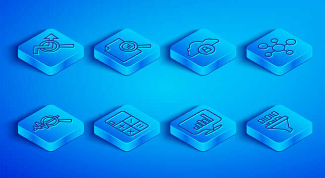 Set line Search data analysis, Document with graph chart, Cloud computing lock, Calculator, Pie infographic, Mind map, and Binary code icon. Vector