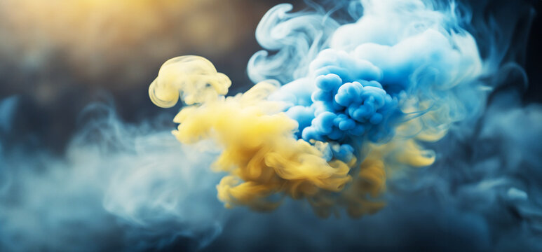immagine primo piano di volute di fumo denso blu e giallo su sfondo indefinito