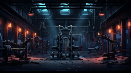 Dark background gym with barbells and machines. Generative AI
