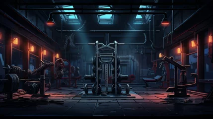 Foto op Plexiglas Dark background gym with barbells and machines. Generative AI © vadymstock