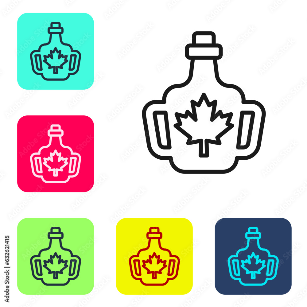 Poster black line bottle of maple syrup icon isolated on white background. set icons in color square button