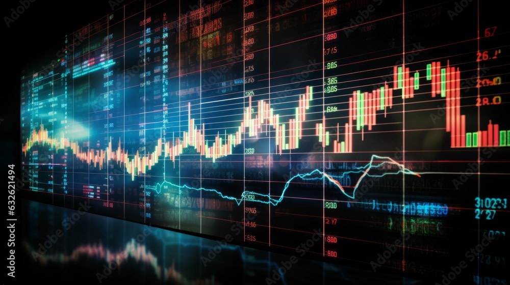 Poster illustration of a finger pointing at a stock statistics data hologram on screen. generative ai