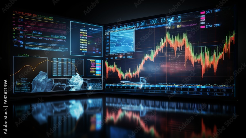Aufkleber illustration of a finger pointing at a stock statistics data hologram on screen. generative ai