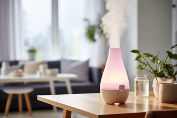 Humidifier on a table in a living room at home blurred background. White plastic humidifier with white steam jet in cozy interior design, commercial photo for catalog. - obrazy, fototapety, plakaty