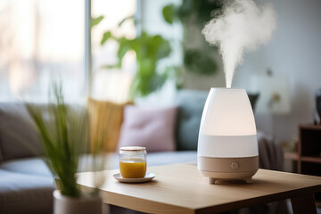 Fototapeta na wymiar Humidifier on a table in a living room at home blurred background. White plastic humidifier with white steam jet in cozy interior design, commercial photo for catalog.