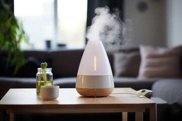 Humidifier on a table in a living room at home blurred background. White plastic humidifier with white steam jet in cozy interior design, commercial photo.