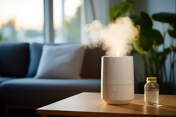 Humidifier on a table in a living room at home blurred background. White plastic humidifier with white steam jet in cozy interior design, commercial photo. - obrazy, fototapety, plakaty