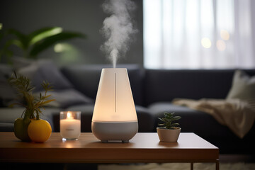 Humidifier on a table in a living room at home blurred background. White plastic humidifier with white steam jet in cozy interior design, commercial photo.