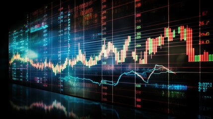 illustration of a finger pointing at a stock statistics data hologram on screen. Generative AI