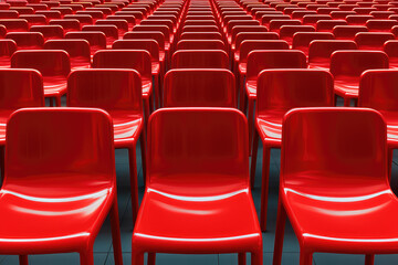 A row of identical red chairs lined up in a perfectly straight lines, symmetrical pattern in pop art style. 3d render illustration style. 